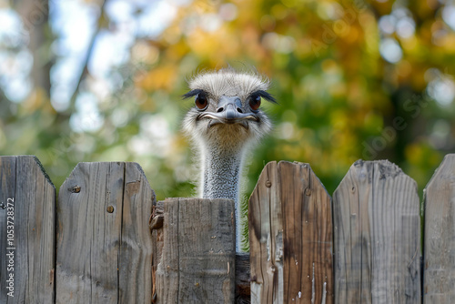 Generative AI picture of funny ostrich on a farm photo