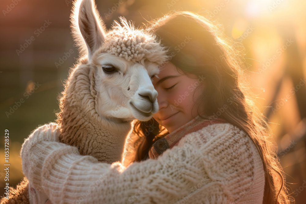 Naklejka premium Generated AI portrait of alpacas standing in rural countryside farm