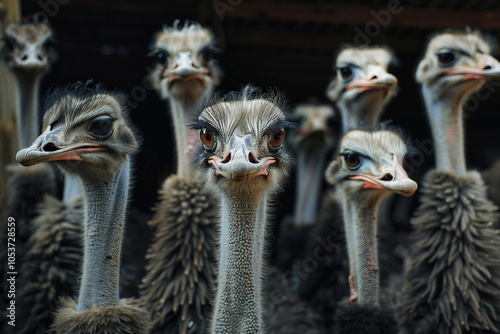 Generated AI image of friendly ostrich on rural farm photo