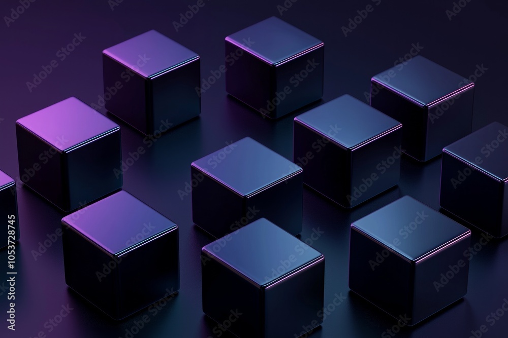 Fototapeta premium Cubes in different arrangement, dark blue and purple gradient color on a dark color background