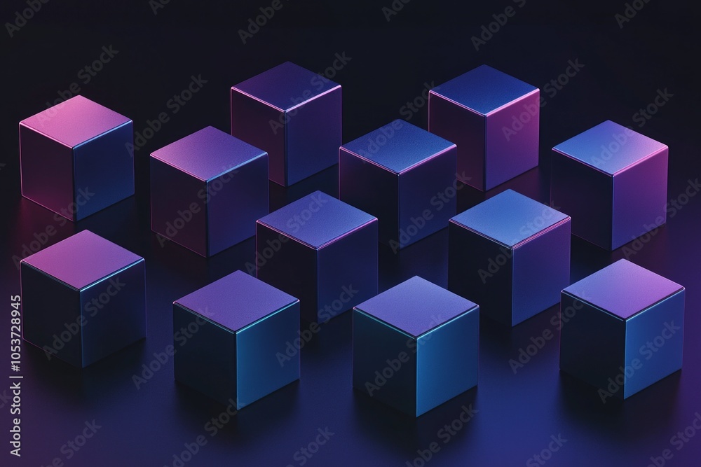 Fototapeta premium Cubes in different arrangement, dark blue and purple gradient color on a dark color background