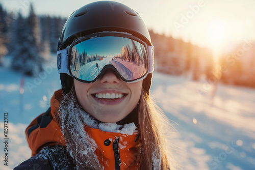 Generative AI portrait of a woman enjoying a winter resort vacation photo