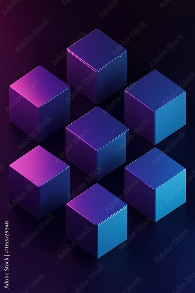 Obraz premium Cubes in different arrangement, dark blue and purple gradient color on a dark color background