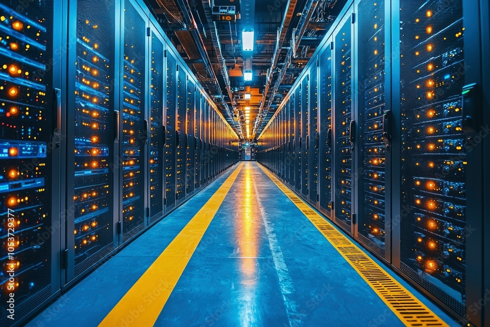 Fototapeta premium Rows of server racks in a modern data center with yellow warning stripes on the floor