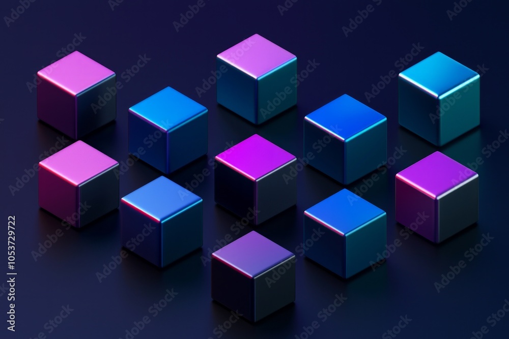 Cubes in different arrangement, dark blue and purple gradient color on a dark color background Cubes in different arrangement, dark blue and purple gradient color on a dark color background