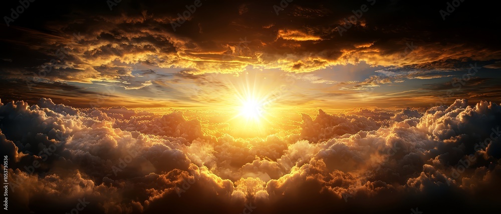 Obraz premium The sun radiates brilliantly against the gloomy, cloud-filled sky, casting light on a sea of white and yellow clouds