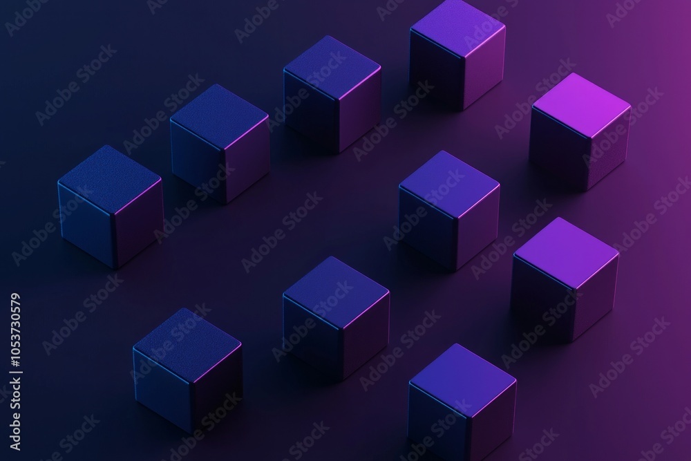 Cubes in different arrangement, dark blue and purple gradient color on a dark color background Cubes in different arrangement, dark blue and purple gradient color on a dark color background