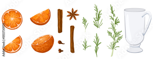 Set of ingredients for mulled wine. Orange, clove, rosemary, cinnamon sticks, star anise, empty glass. Hand drawn elements for Christmas, winter design, menu. Vector illustration.
