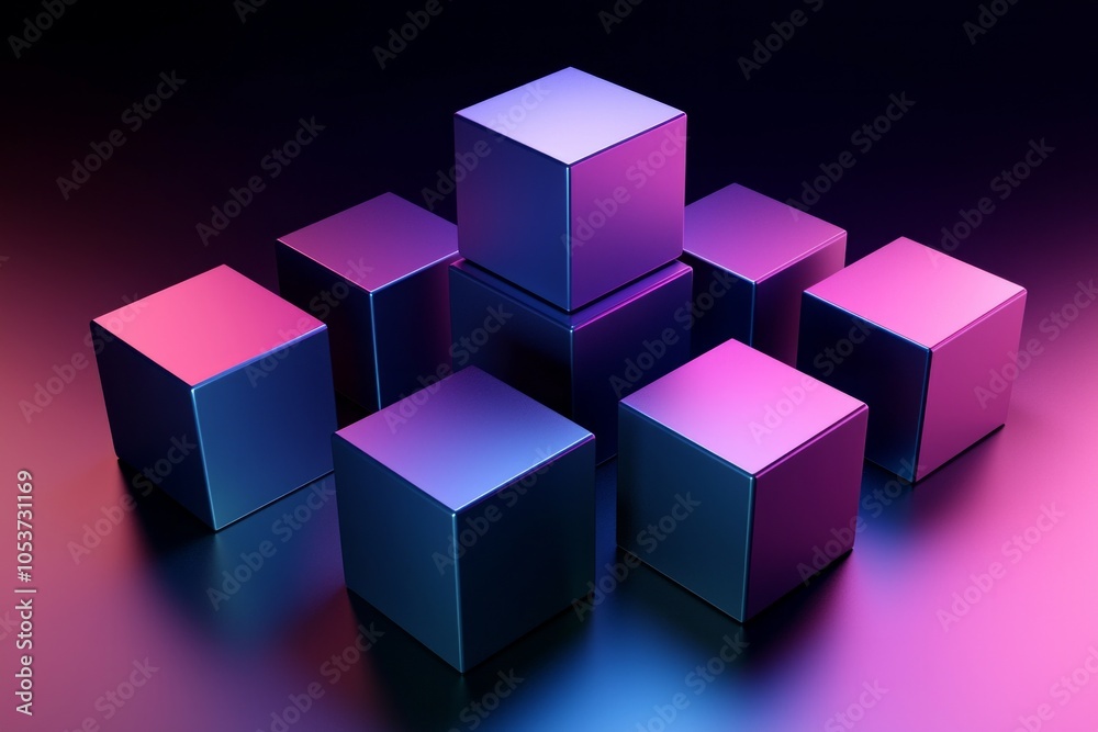 Fototapeta premium Cubes in different arrangement, dark blue and purple gradient color on a dark color background