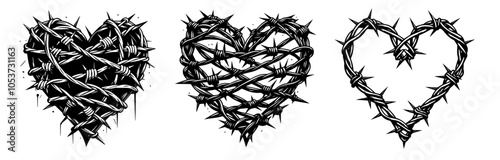 illustration of heart wrapped in crown of thorns in black and white