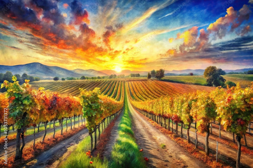 Fototapeta premium radiant watercolor, vineyard, late summer, wide-angle
