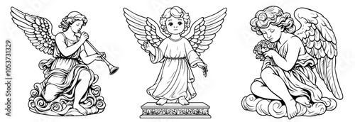 angel sculptures with wings in traditional and cute styles