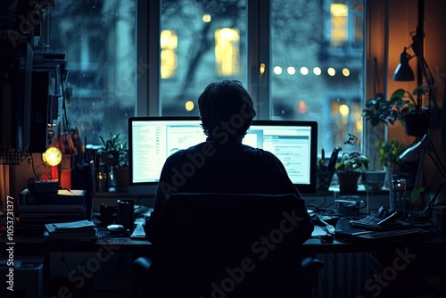 A Silhouette of a Person Working at a Computer in a Dark Room photo