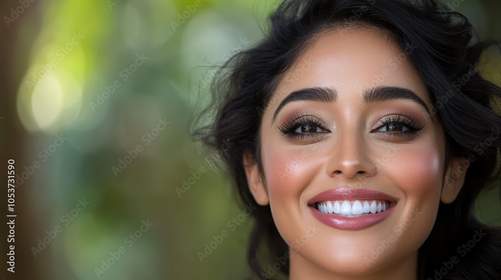 tree, woman smiling) tree, woman smiling)