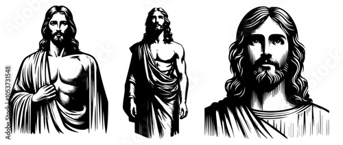 three depictions of jesus with solemn expressions vector sketch