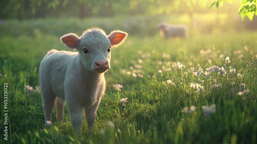 Obraz premium Cute baby cow in field, amazing light illuminating its soft fur and green surroundings