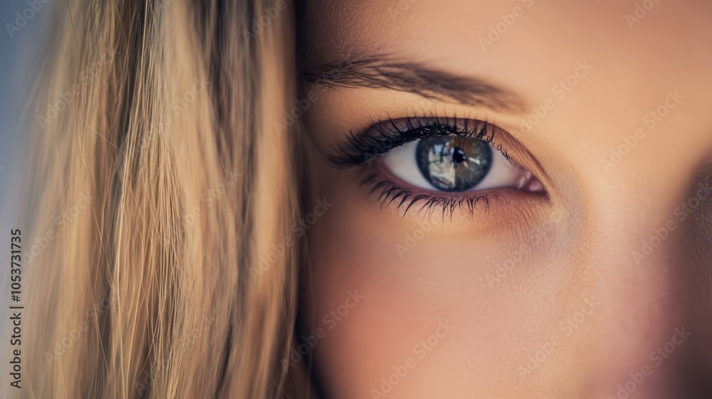 Fototapeta premium long blonde hair frames it, blue eyeshidenhides one eye, her eyelashes are lengthy
