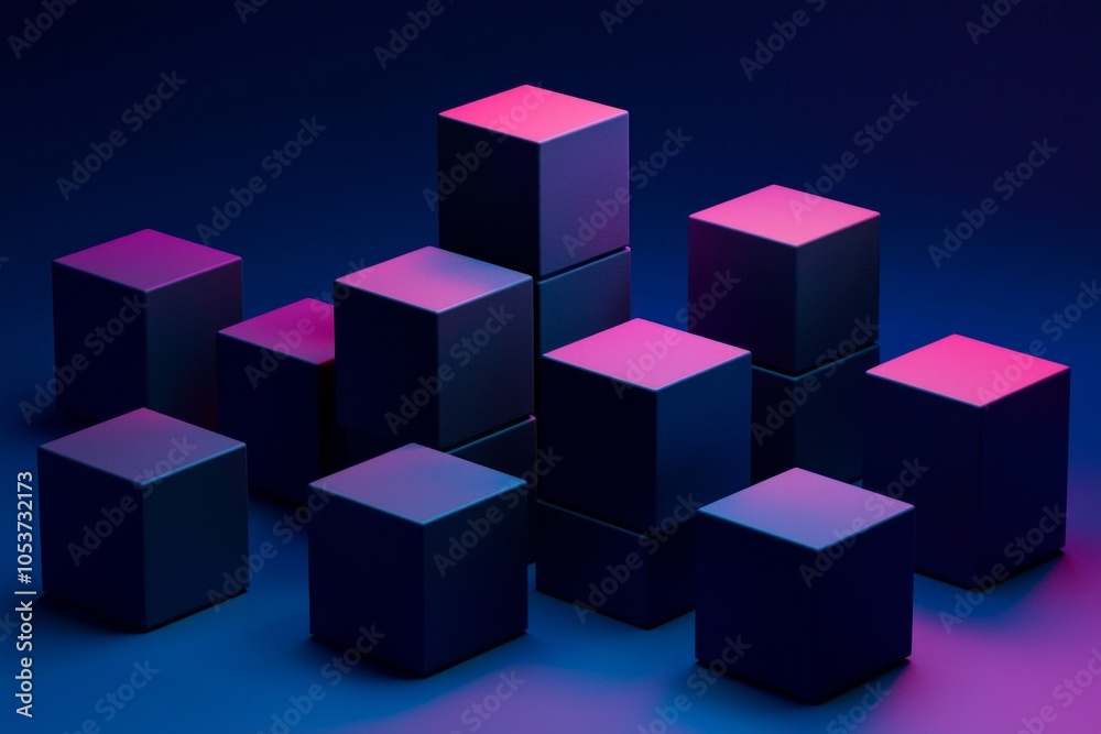 Fototapeta premium Cubes in different arrangement, dark blue and purple gradient color on a dark color background