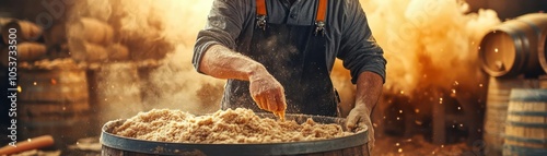 A winemaker adding yeast to freshly crushed grape juice, starting the fermentation process photo