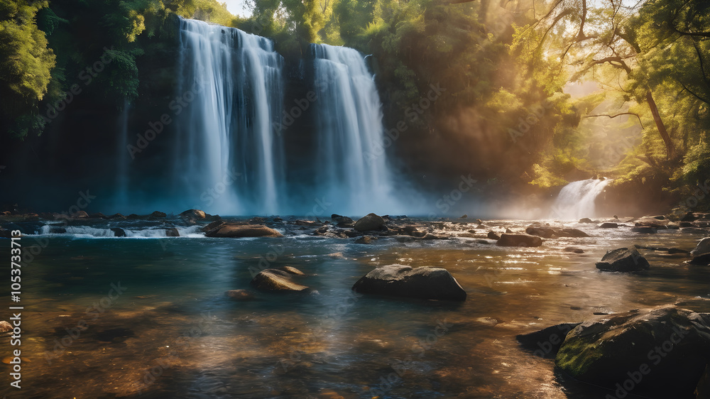 Artifical Intelligence generated waterfall and vivid colorful landscape scenery. Artifical Intelligence generated waterfall and vivid colorful landscape scenery.
