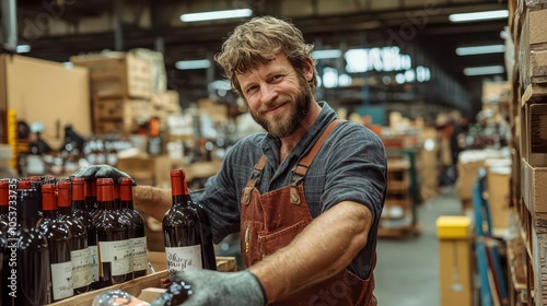 A winemaker carefully labeling wine bottles, preparing them for distribution and sale photo