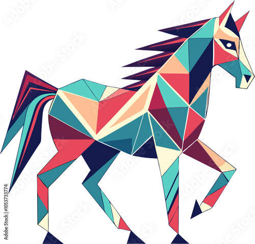 A vibrant geometric illustration of a horse, rendered in a bold, abstract style. This unique piece uses bright colors and intricate patterns to create a captivating visual experience.