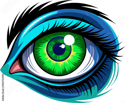 A captivating illustration of a vibrant green eye with intricate details. The bold lines and contrasting colors create a striking visual that draws the viewer in.