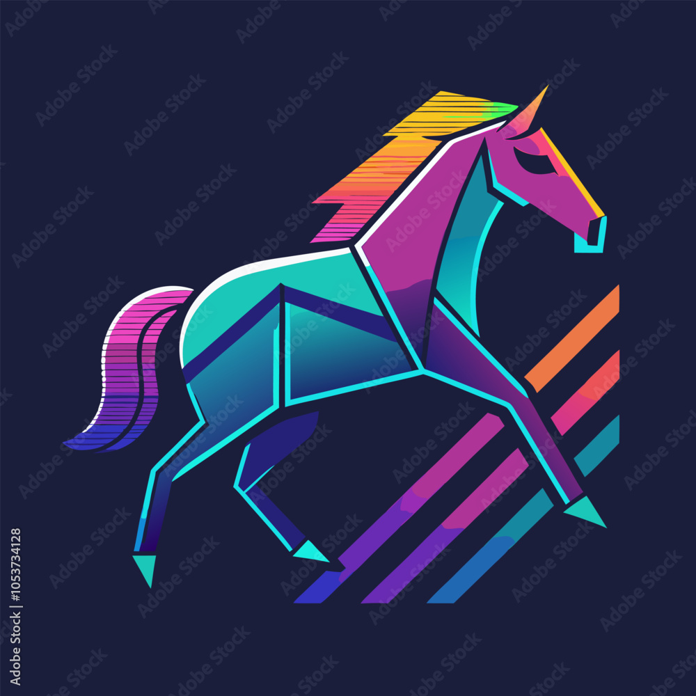 A vibrant, geometric illustration of a galloping horse, bursting with neon colors. This dynamic design is perfect for adding a retro-futuristic touch to any project. A vibrant, geometric illustration of a galloping horse, bursting with neon colors. This dynamic design is perfect for adding a retro-futuristic touch to any project.