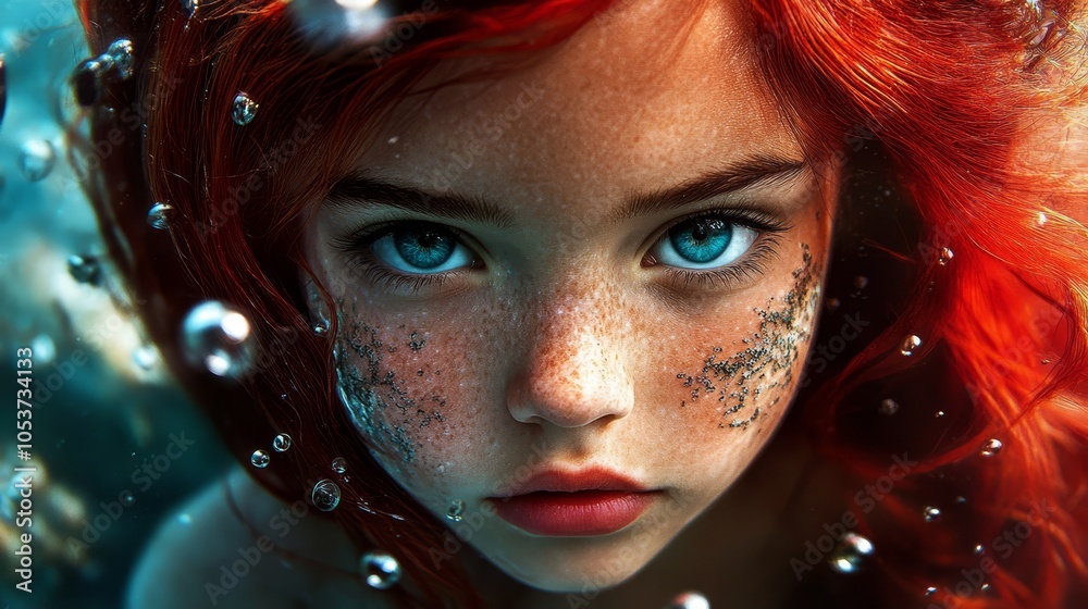 Obraz premium her blue eyes bright and framed by freckles across her face, surrounded by playful bubbles