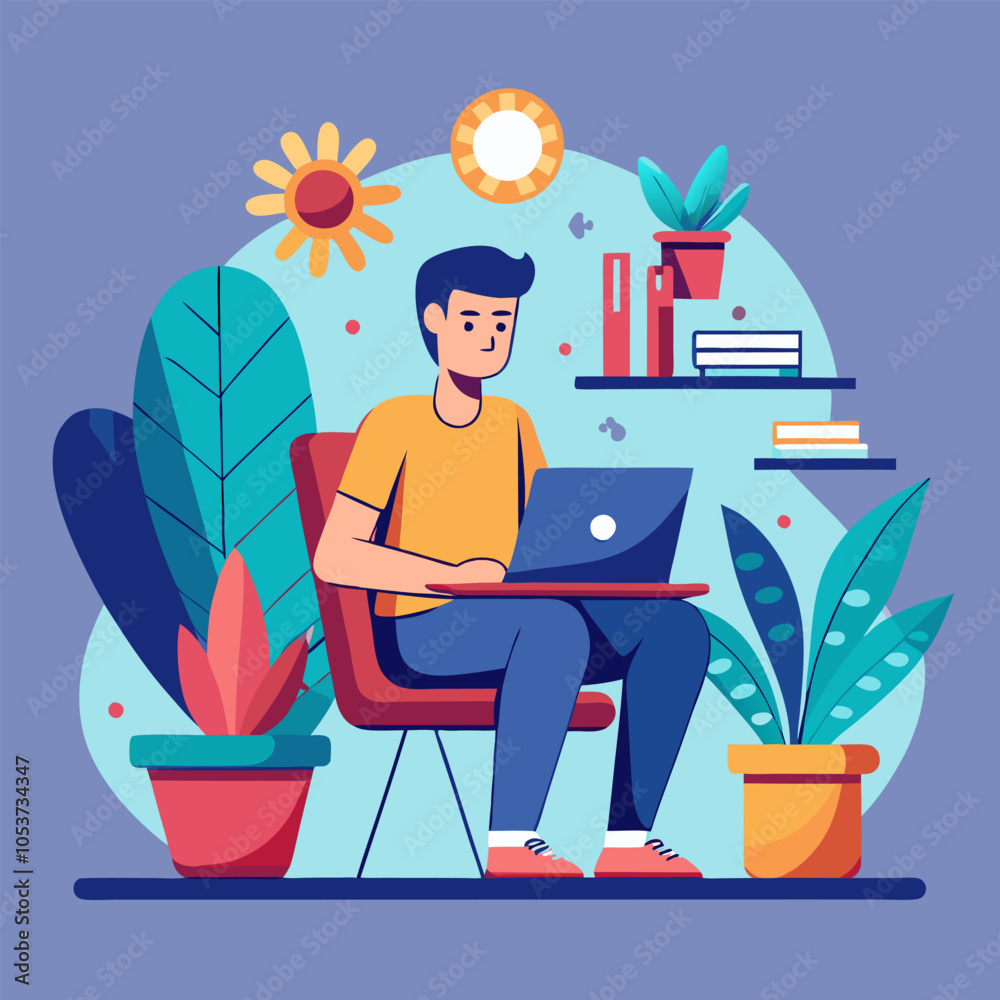 A cheerful illustration of a man working on his laptop in a cozy home office, surrounded by plants and sunshine. This vibrant image represents productivity, creativity. A cheerful illustration of a man working on his laptop in a cozy home office, surrounded by plants and sunshine. This vibrant image represents productivity, creativity.
