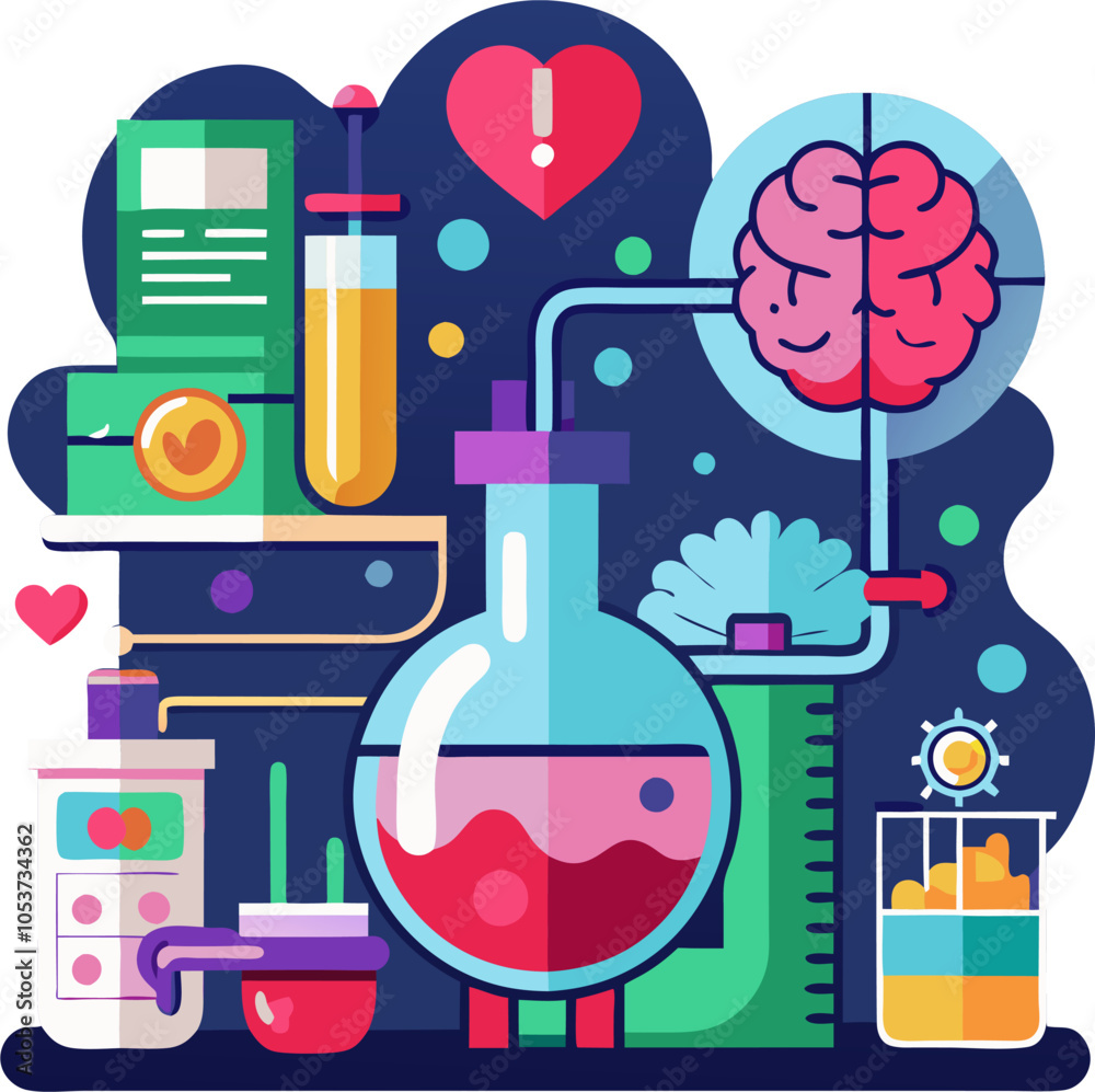A vibrant illustration depicting a scientific experiment, featuring a brain connected to a laboratory flask filled with a colorful liquid. The image evokes concepts of innovation, research. A vibrant illustration depicting a scientific experiment, featuring a brain connected to a laboratory flask filled with a colorful liquid. The image evokes concepts of innovation, research.