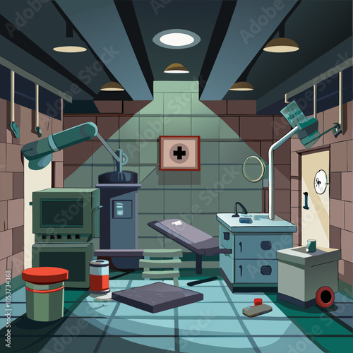 A cartoon illustration of a dimly lit medical room, featuring a medical examination table, equipment, and a small bathroom. The room creates a mysterious and slightly eerie atmosphere.