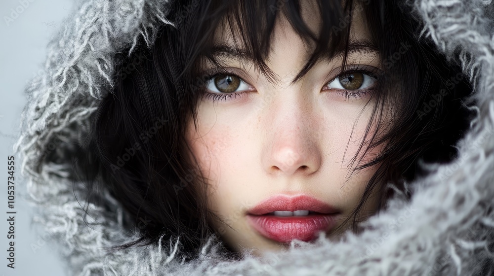 A tight shot of a woman's face, concealed by a hood, wearing a fur coat A tight shot of a woman's face, concealed by a hood, wearing a fur coat