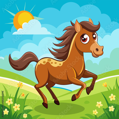 A cute cartoon horse gallops across a sunny meadow, with a cheerful expression and a flowing mane. This joyful image is perfect for children's books, illustrations.