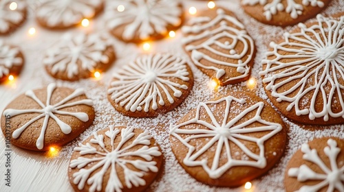 Festively decorated gingerbread cookies with intricate icing designs, surrounded by sweet sugar dust and soft glowing lights.