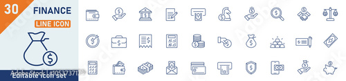 Finance line icon set. Set of 30 outline icons related to money, pay, payments, financial report, banking, business, coin and others. Editable stroke. Vector illustration.