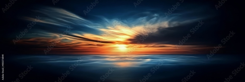 Naklejka premium Sun sets behind clouds, reflected on tranquil water