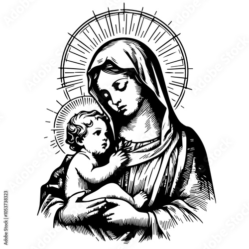 Our Lady Virgin Mary with child Jesus vector sketch