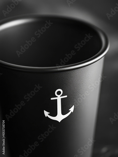 Black cup with a white anchor symbol. photo