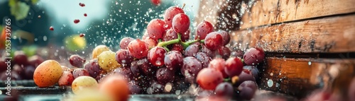 Closeup of grape clusters being crushed in a modern winepress, symbolizing innovation in winemaking