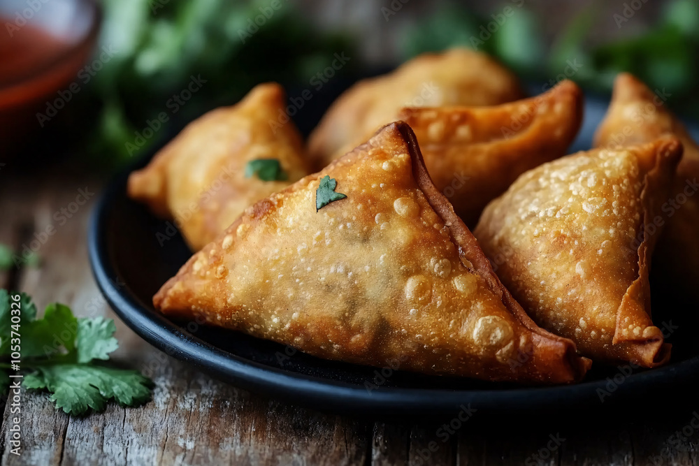 close up of tasty indian samosas on the plate over table background close up of tasty indian samosas on the plate over table background