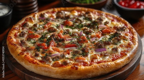 Freshly baked pizza with bubbling cheese, crisp crust, and vibrant toppings.