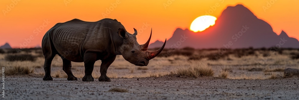 Fototapeta premium sun sinking behind mountains, rhino in foreground