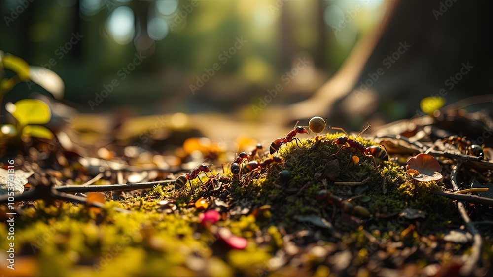 Ants Exploring Mossy Ground in Sunlit Forest Ants Exploring Mossy Ground in Sunlit Forest
