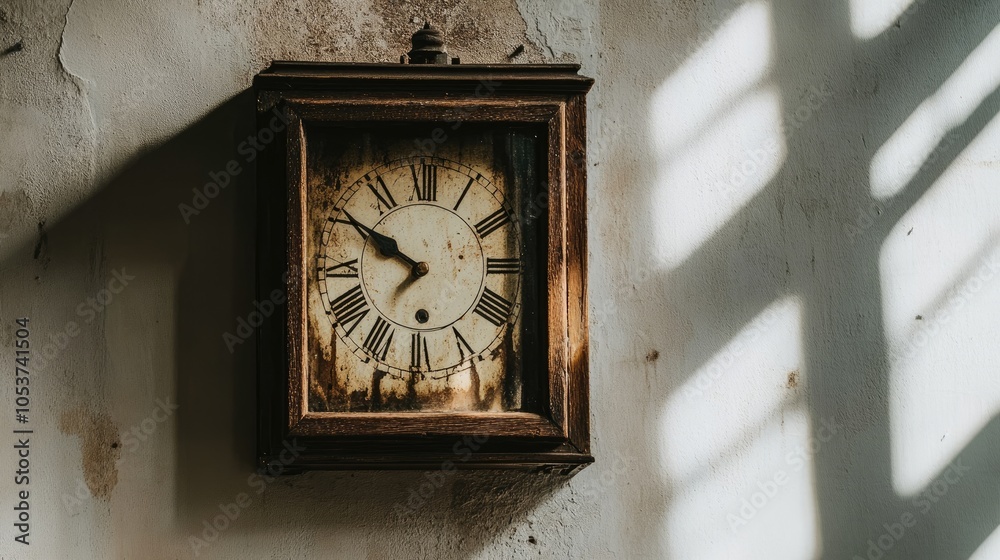 Fototapeta premium Vintage Clock on Wall with Rustic Charm and Shadows