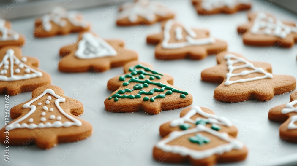 Freshly baked gingerbread cookies cooling on a tray, with festive holiday shapes like trees and snowmen, perfect for National Cookie Day Freshly baked gingerbread cookies cooling on a tray, with festive holiday shapes like trees and snowmen, perfect for National Cookie Day