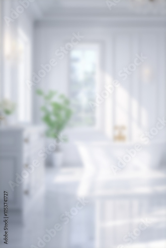 Wallpaper Mural Blurred luxurious white bathroom with bathtub,   marble floor, wall molding, potted plant. Interior design background with copy space Torontodigital.ca