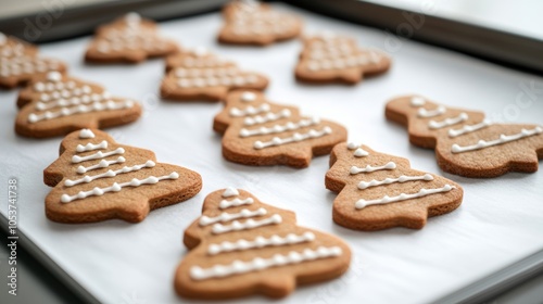 Freshly baked gingerbread cookies cooling on a tray, with festive holiday shapes like trees and snowmen, perfect for National Cookie Day  photo