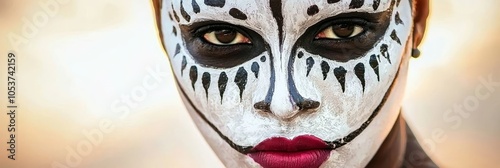  A tight shot of a face painted in white and black, adorned with a bold red lip and intricate black and white design photo