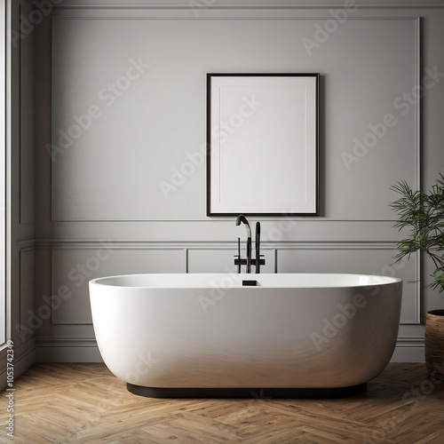 Modern Minimalist Bathroom Bathtub With A Large  Frame On The Wall, Interior Design Wall Art Mockups